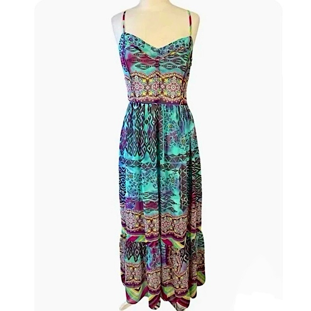 Betsey Johnson multi-colored, strappy maxi dress